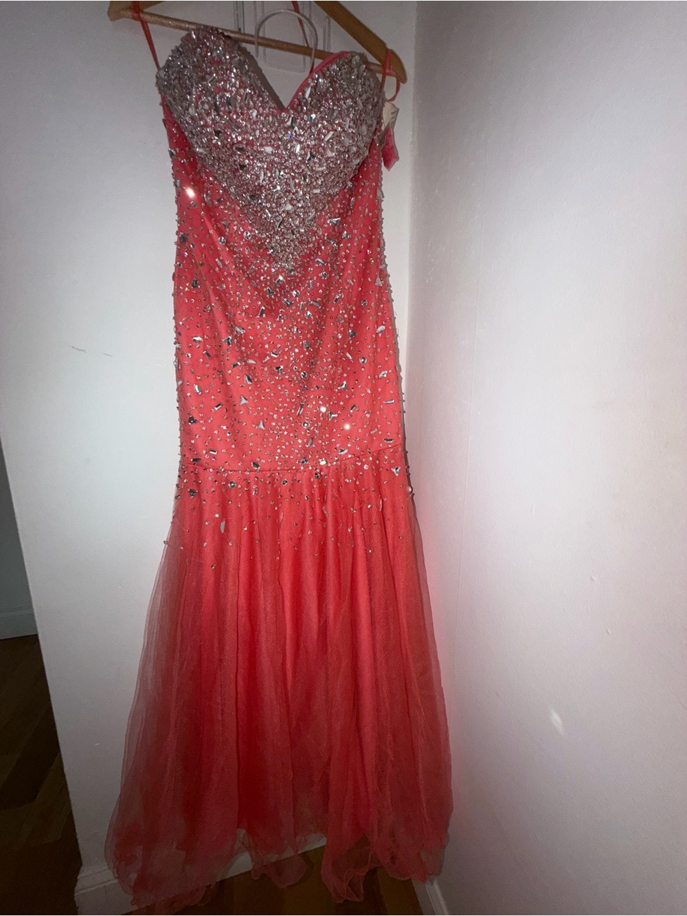 Strapless Coral Beaded Prom Gown